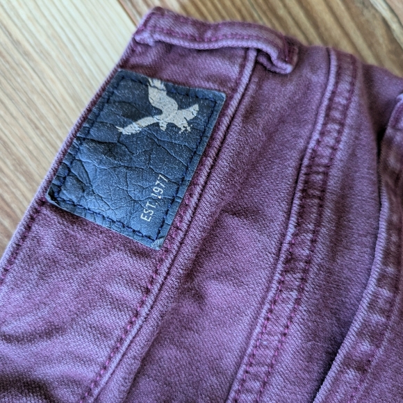 AE American Eagle Outfitters Maroon Denim Jean High Rise Shortie Shorts 00 - Picture 6 of 7